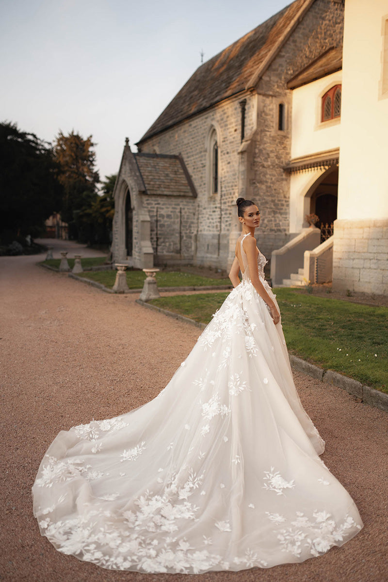 K1706 - Low V-Neck Sleeveless Appliqued Sheer Tulle A-Line Long Wedding Dress