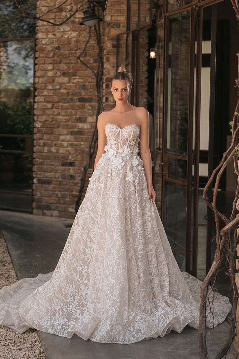 K1707 - Sweetheart Strapless Sleeveless Appliqued Lace Sheer A-Line Long Wedding Dress