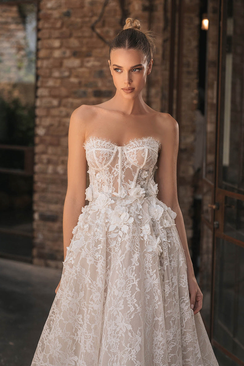 K1707 - Sweetheart Strapless Sleeveless Appliqued Lace Sheer A-Line Long Wedding Dress