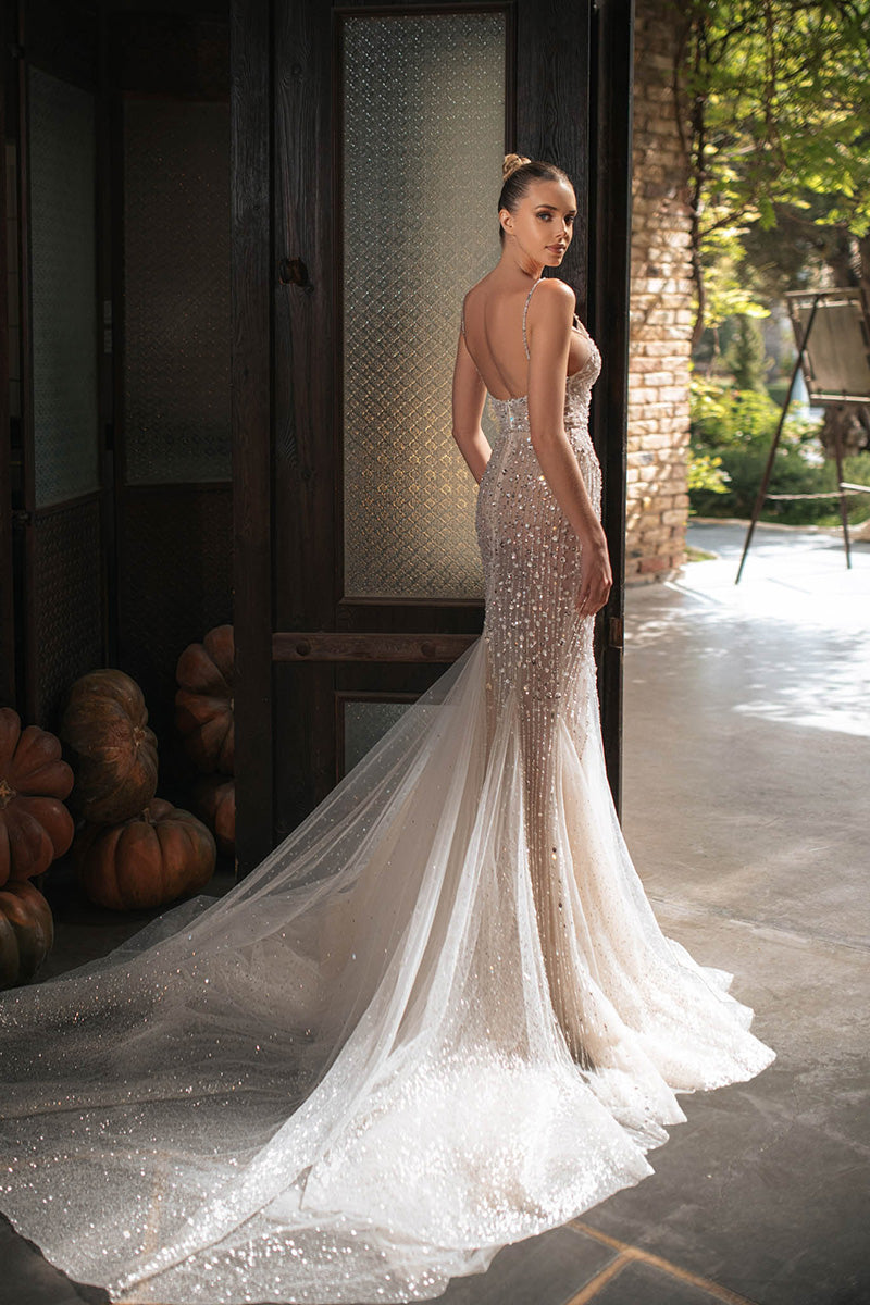 K1708 - V-Neck Sequined Beaded Sheer Tulle Sheath Long Wedding Dress With Slit