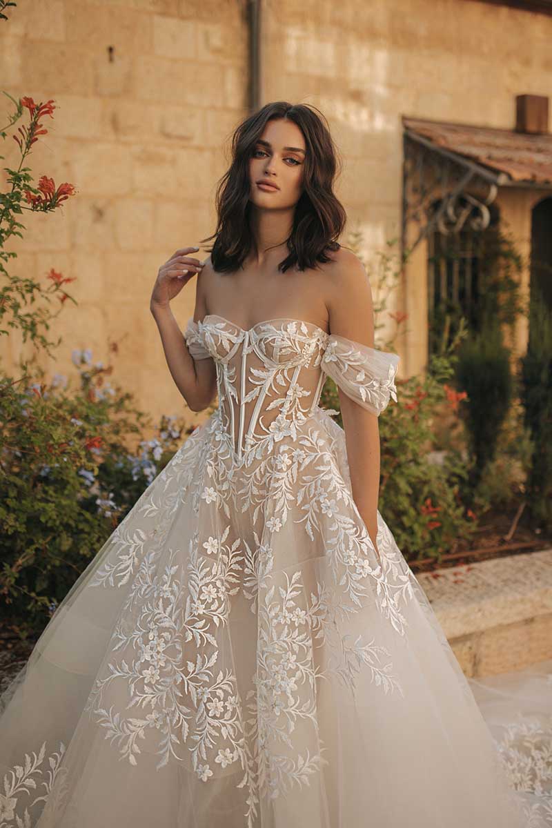 K1710 - Off-Shoulder Strapless Appliqued Sheer Tulle A-Line Long Wedding Dress