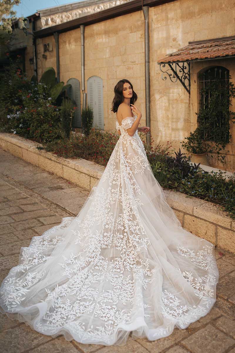 K1710 - Off-Shoulder Strapless Appliqued Sheer Tulle A-Line Long Wedding Dress