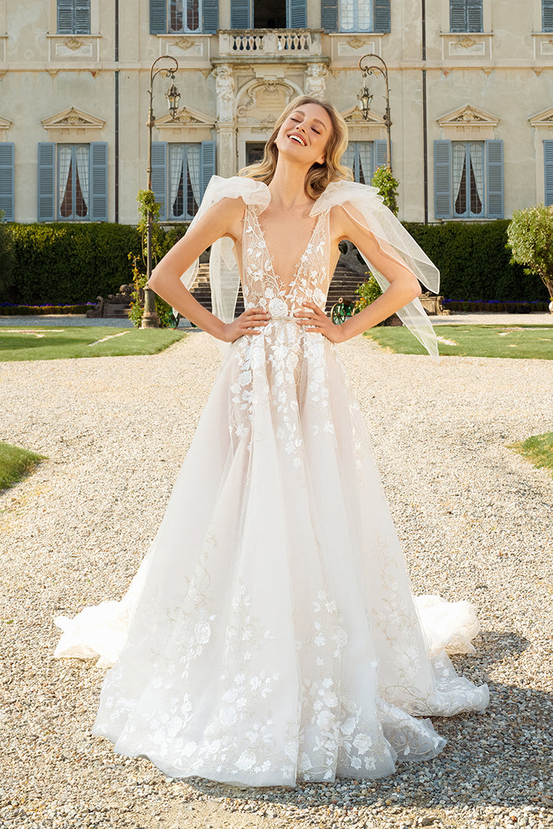 K1713 - Low V-Neck Backless Appliqued Sheer Tulle A-Line Long Wedding Dress