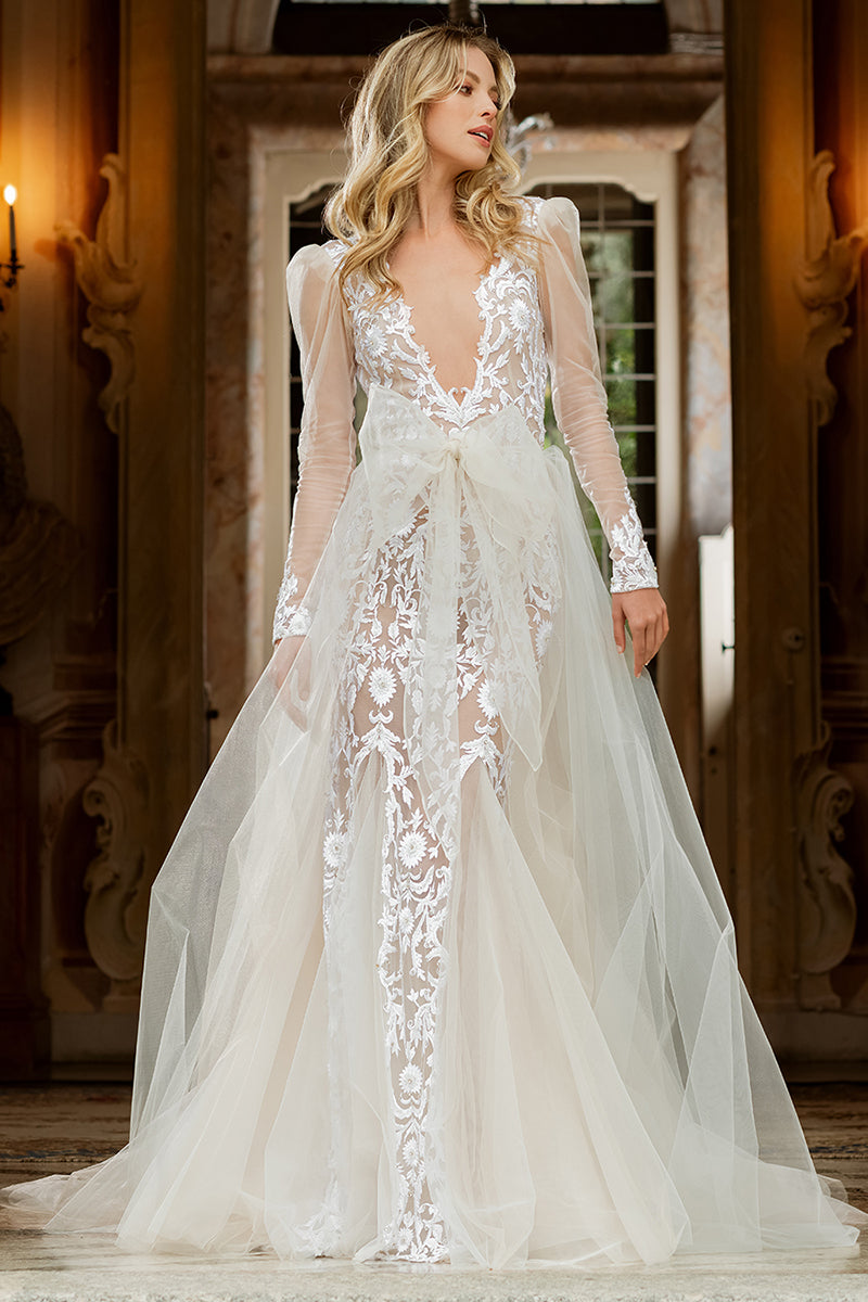 K1717 - Low V-Neck Long Sleeves Appliqued Sheer Tulle Mermaid Long Wedding Dress