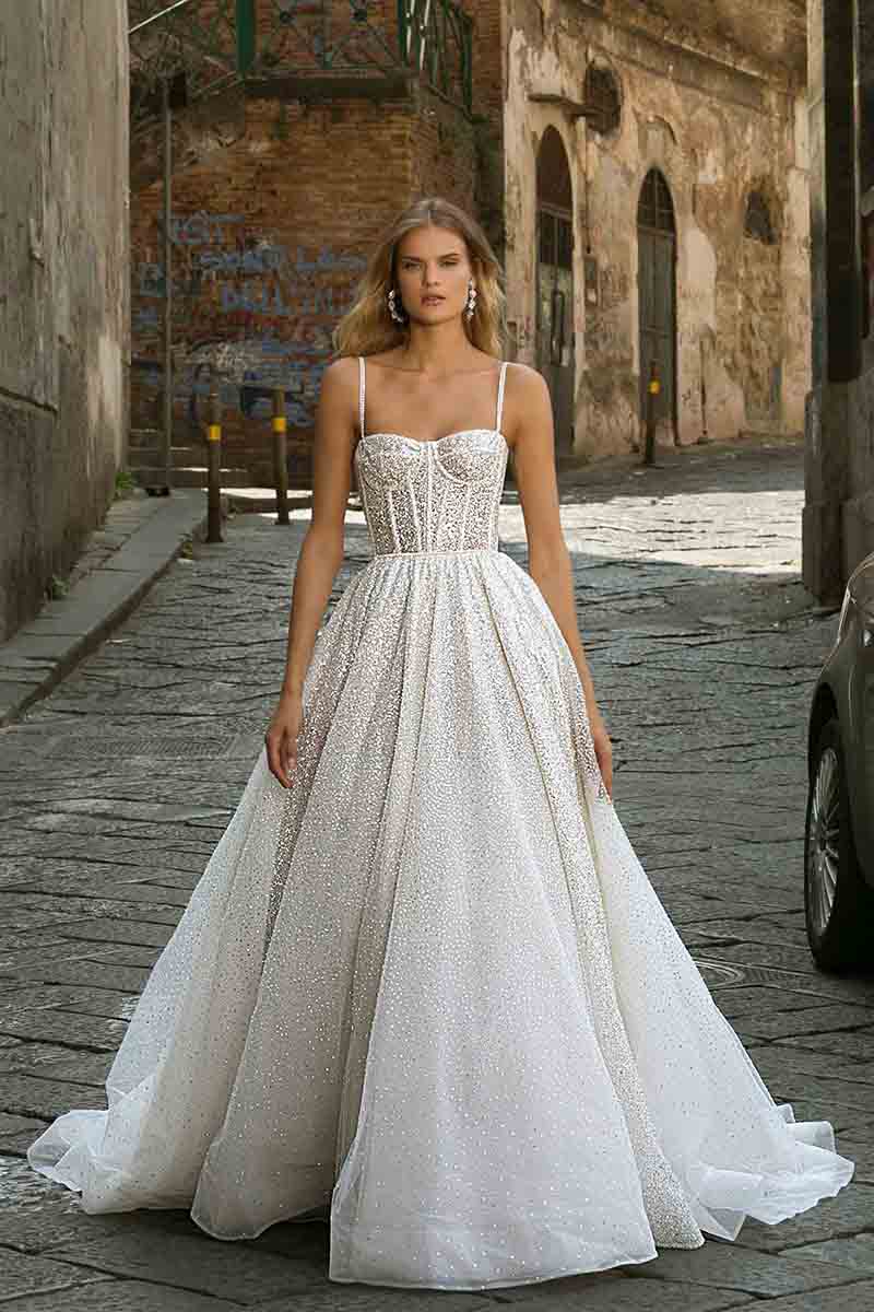 K1718 - Sweetheart Beaded Sleeveless Sequined Tulle A-Line Long Wedding Dress