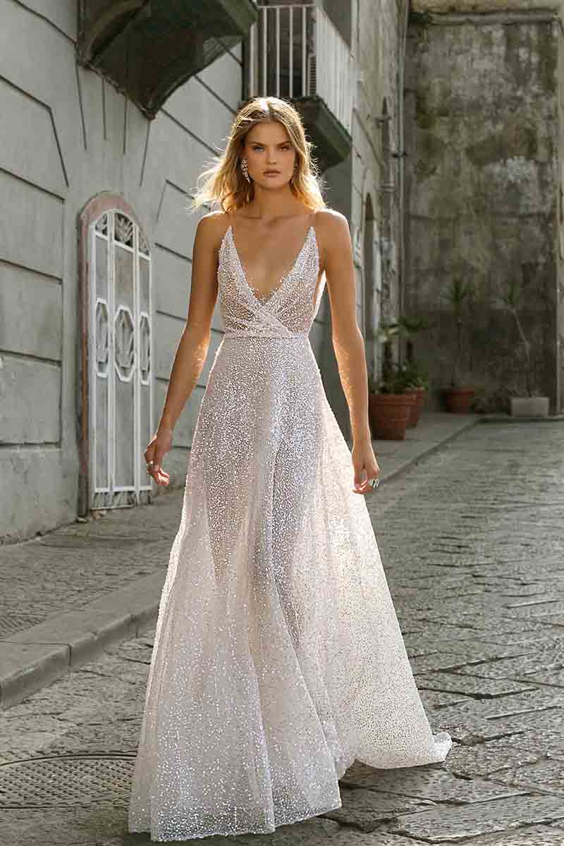 K1719 - Low V-Neck Sleeveless Beaded Sequined Ruched A-Line Long Wedding Dress