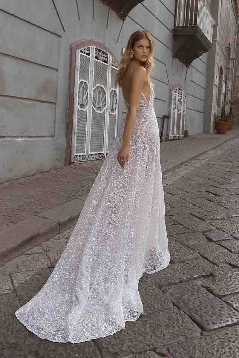 K1719 - Low V-Neck Sleeveless Beaded Sequined Ruched A-Line Long Wedding Dress