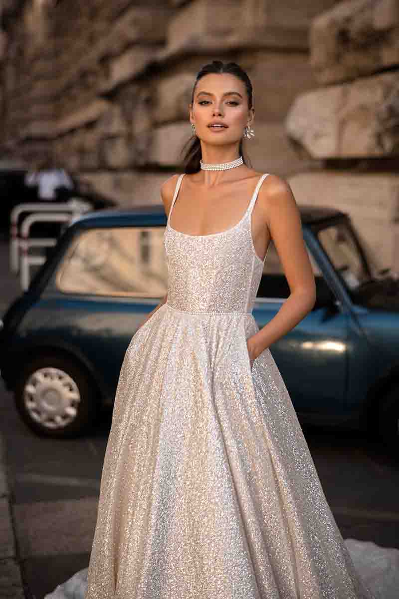 K1720 - Scoop Sleeveless Sequined Ruched A-Line Long Wedding Dress With Sweep Train