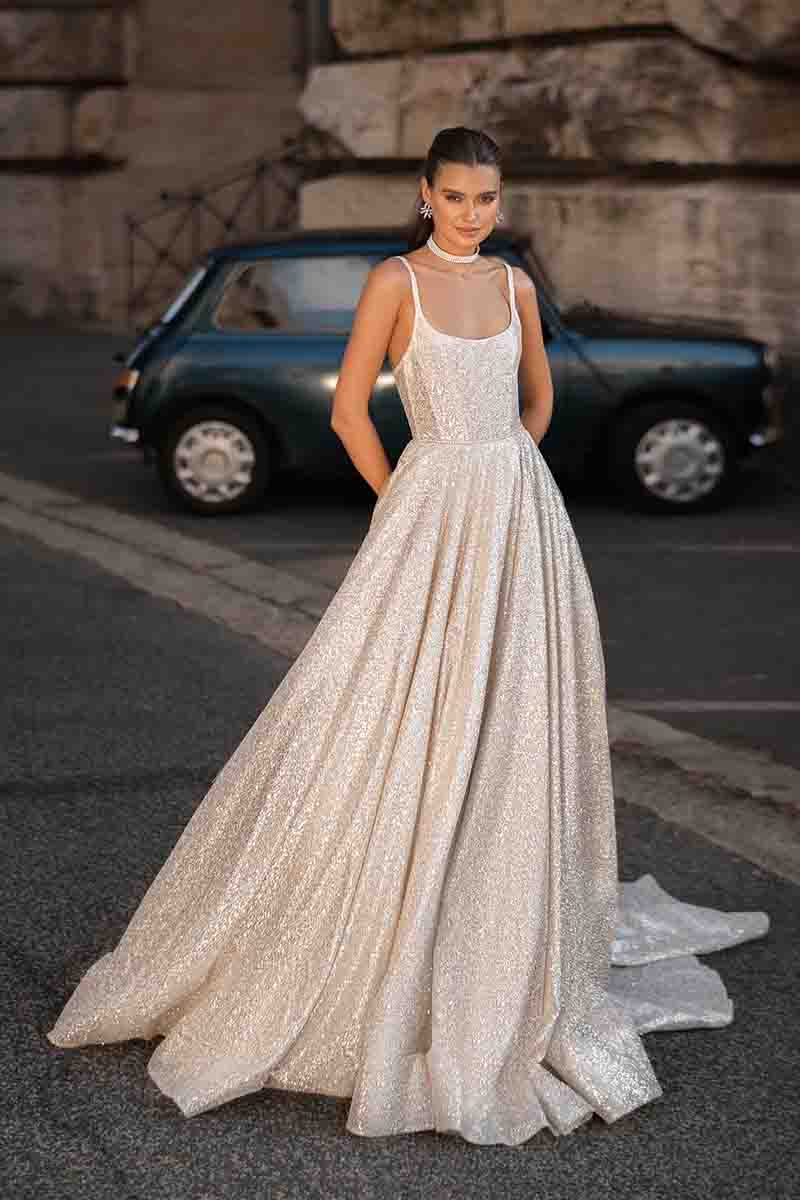 K1720 - Scoop Sleeveless Sequined Ruched A-Line Long Wedding Dress With Sweep Train