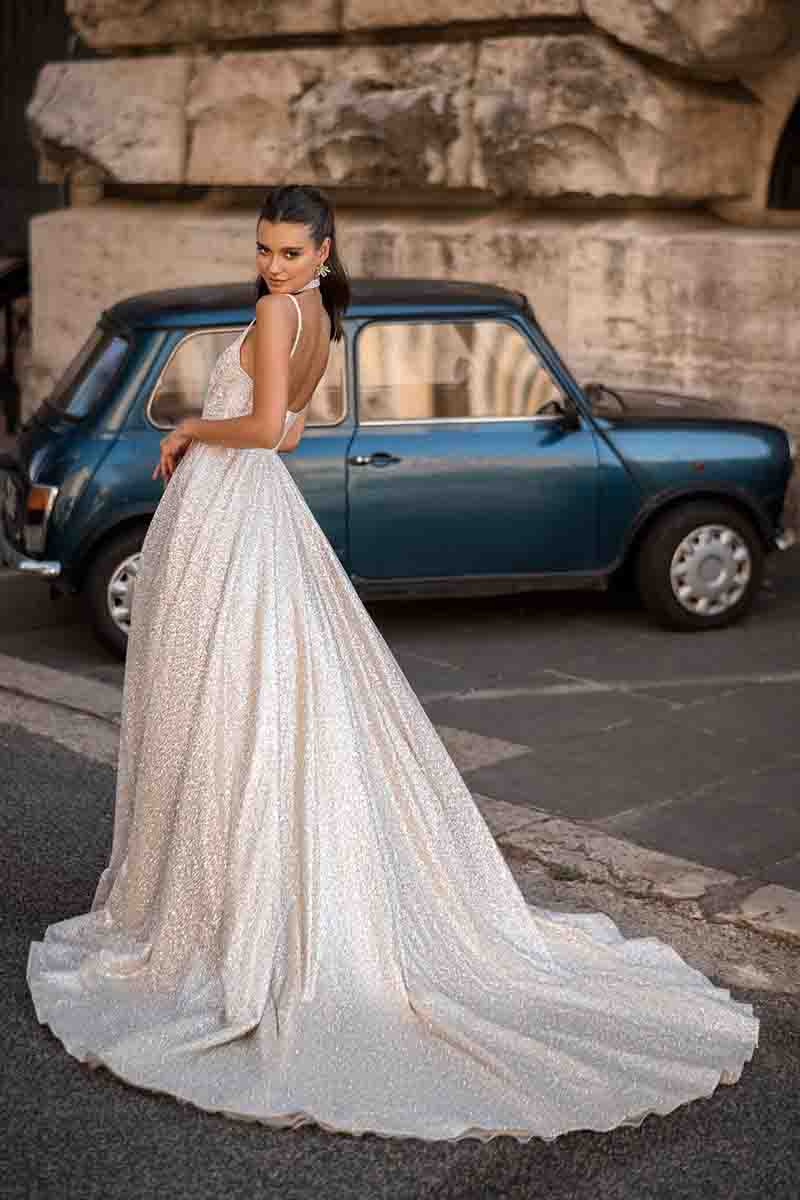 K1720 - Scoop Sleeveless Sequined Ruched A-Line Long Wedding Dress With Sweep Train