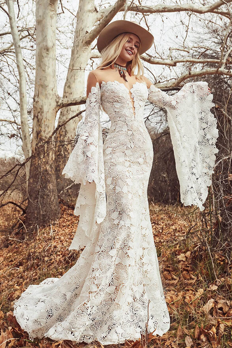 K1721 - Boho Low V-Neck Long Sleeves Sheer Lace Mermaid Long Wedding Dress