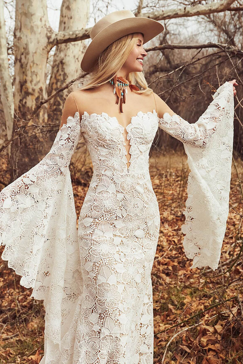 K1721 - Boho Low V-Neck Long Sleeves Sheer Lace Mermaid Long Wedding Dress