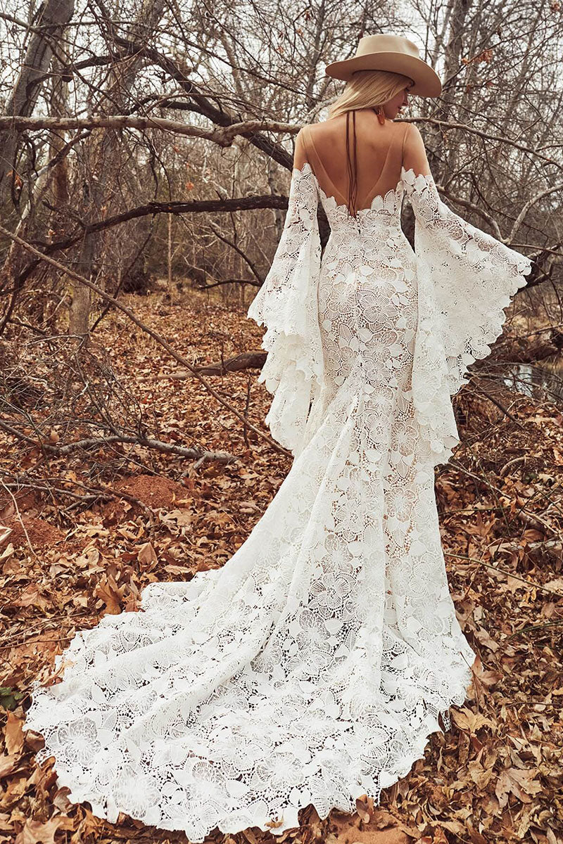 K1721 - Boho Low V-Neck Long Sleeves Sheer Lace Mermaid Long Wedding Dress