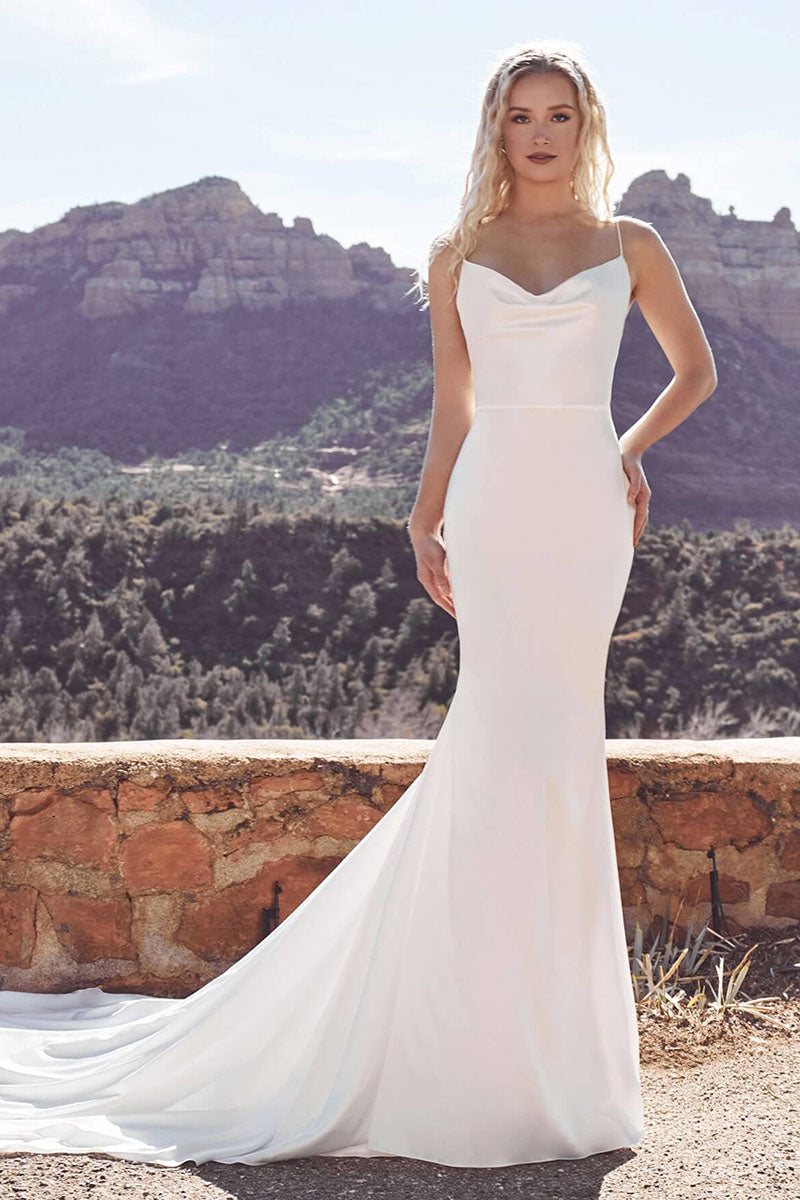 K1722 - Beach V-Neck Spaghetti Straps Beaded Satin Mermaid Long Wedding Dress