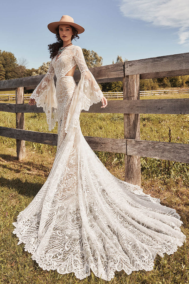 K1723 - Boho Scoop Long Sleeves Sheer Lace Mermaid Long Wedding Dress With Slit