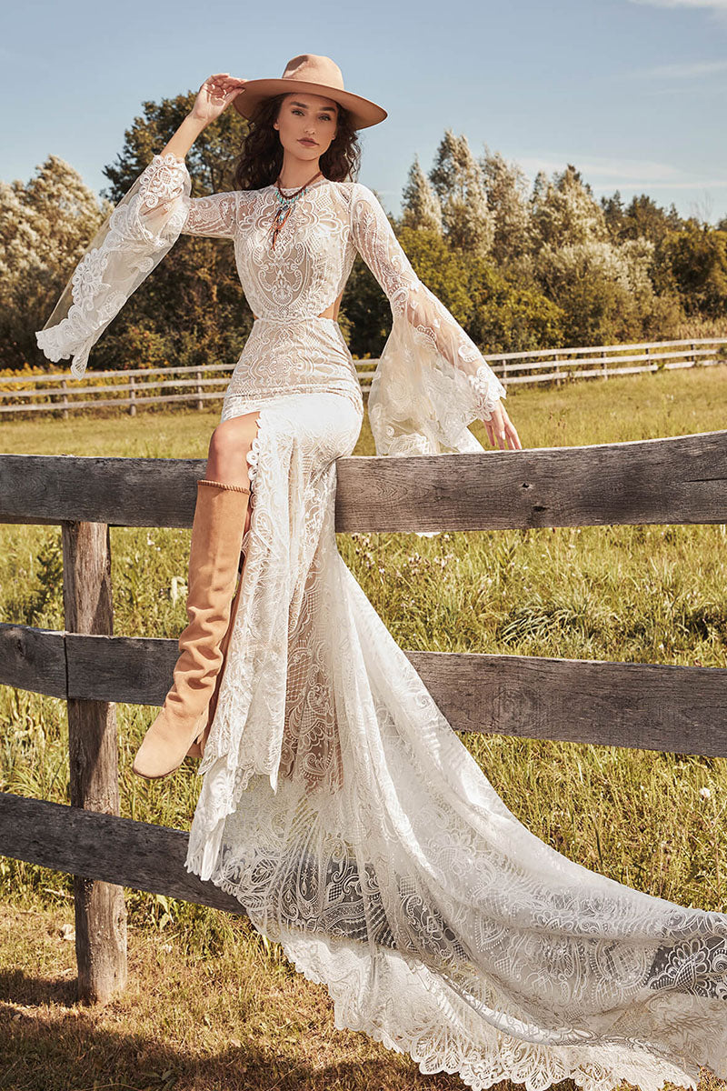 K1723 - Boho Scoop Long Sleeves Sheer Lace Mermaid Long Wedding Dress With Slit