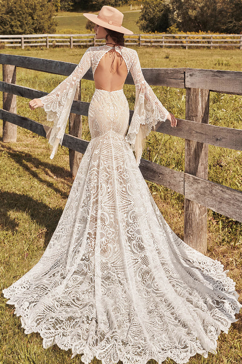 K1723 - Boho Scoop Long Sleeves Sheer Lace Mermaid Long Wedding Dress With Slit