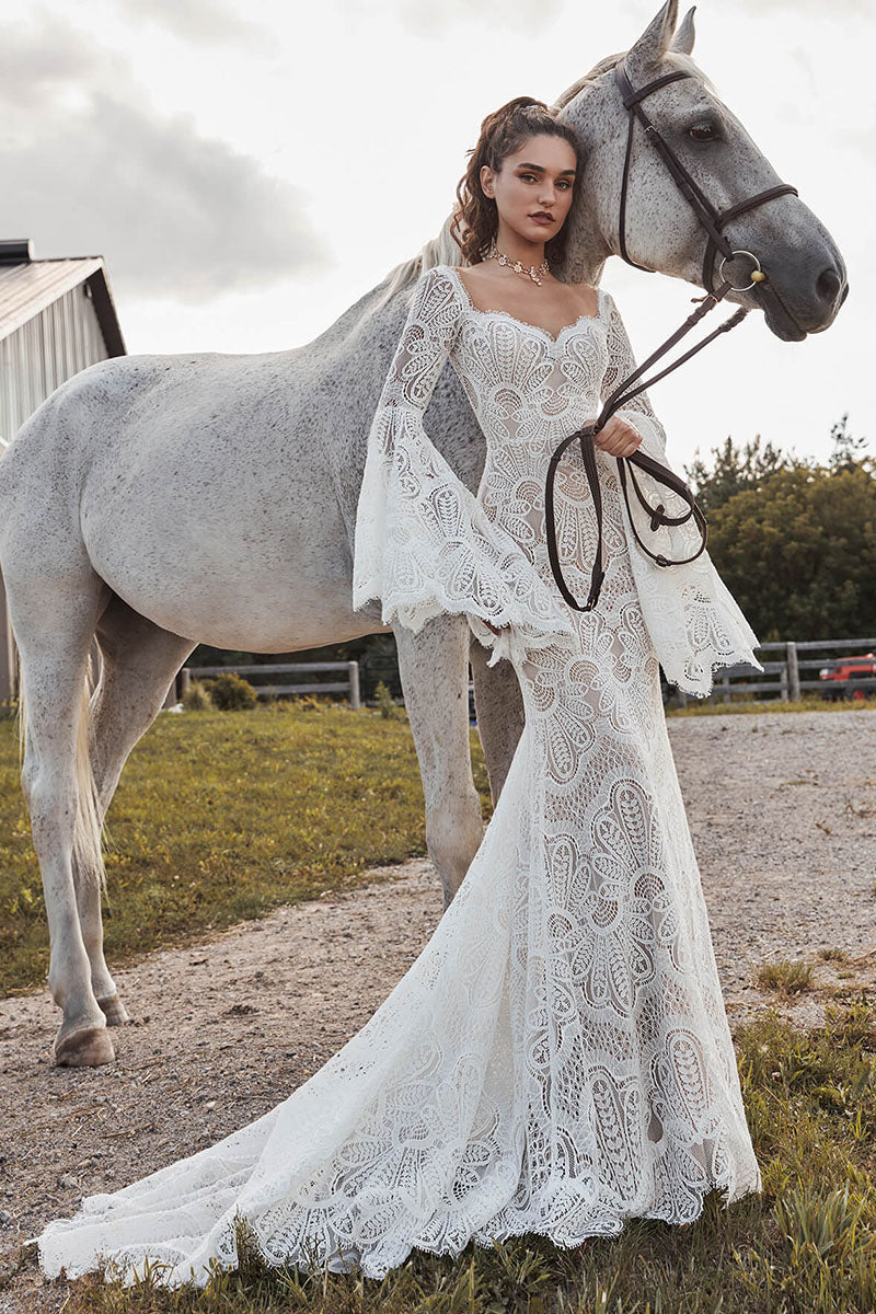 K1724 - Boho Sweetheart Long Sleeves Sheer Lace Mermaid Long Wedding Dress