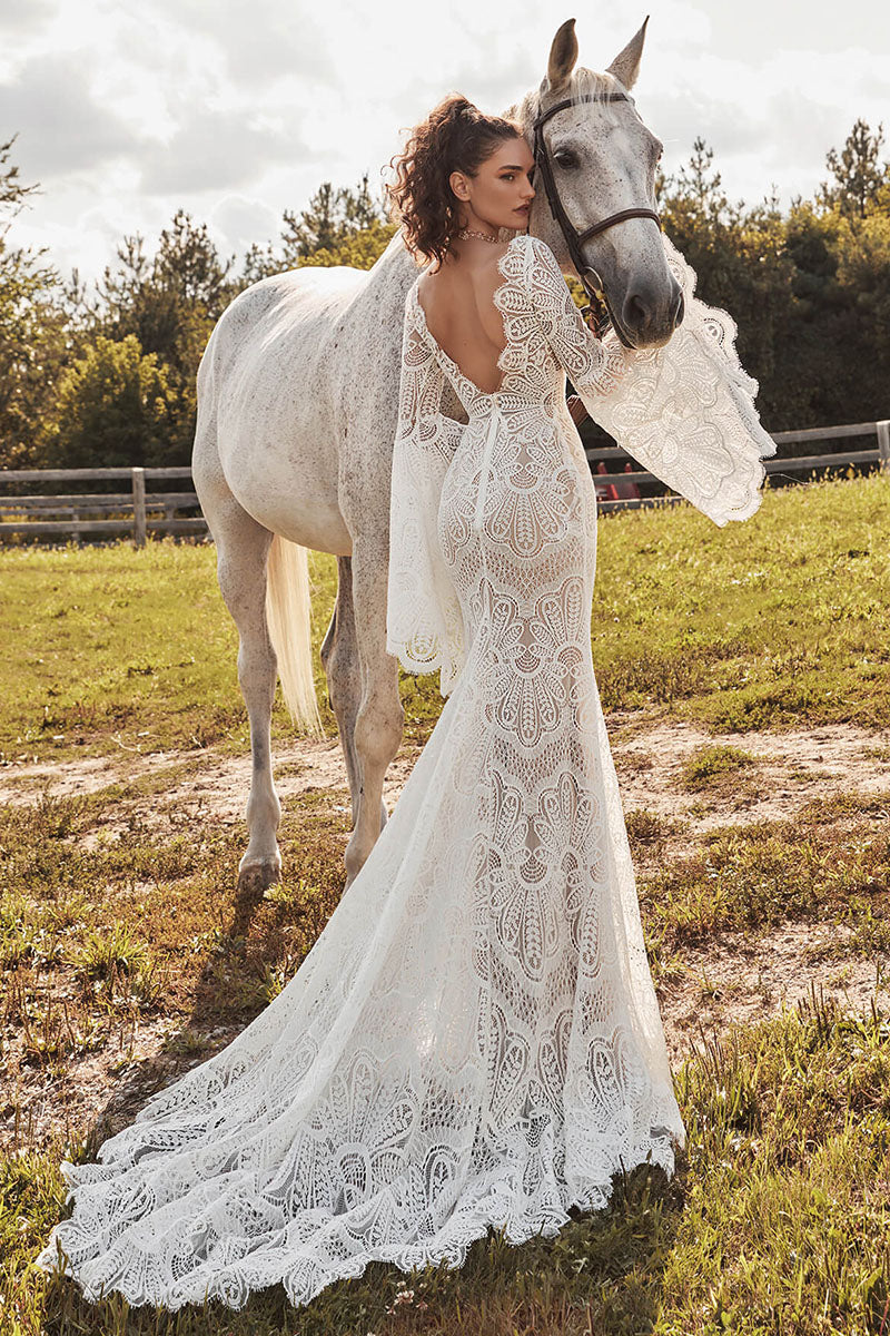 K1724 - Boho Sweetheart Long Sleeves Sheer Lace Mermaid Long Wedding Dress