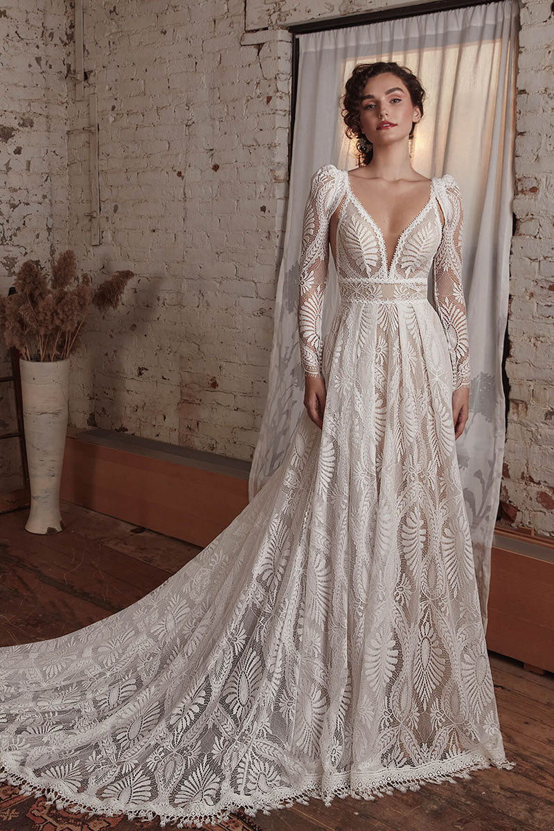 K1725 - Boho Two Piece Low V-Neck Sleeveless Sheer Lace A-Line Long Wedding Dress