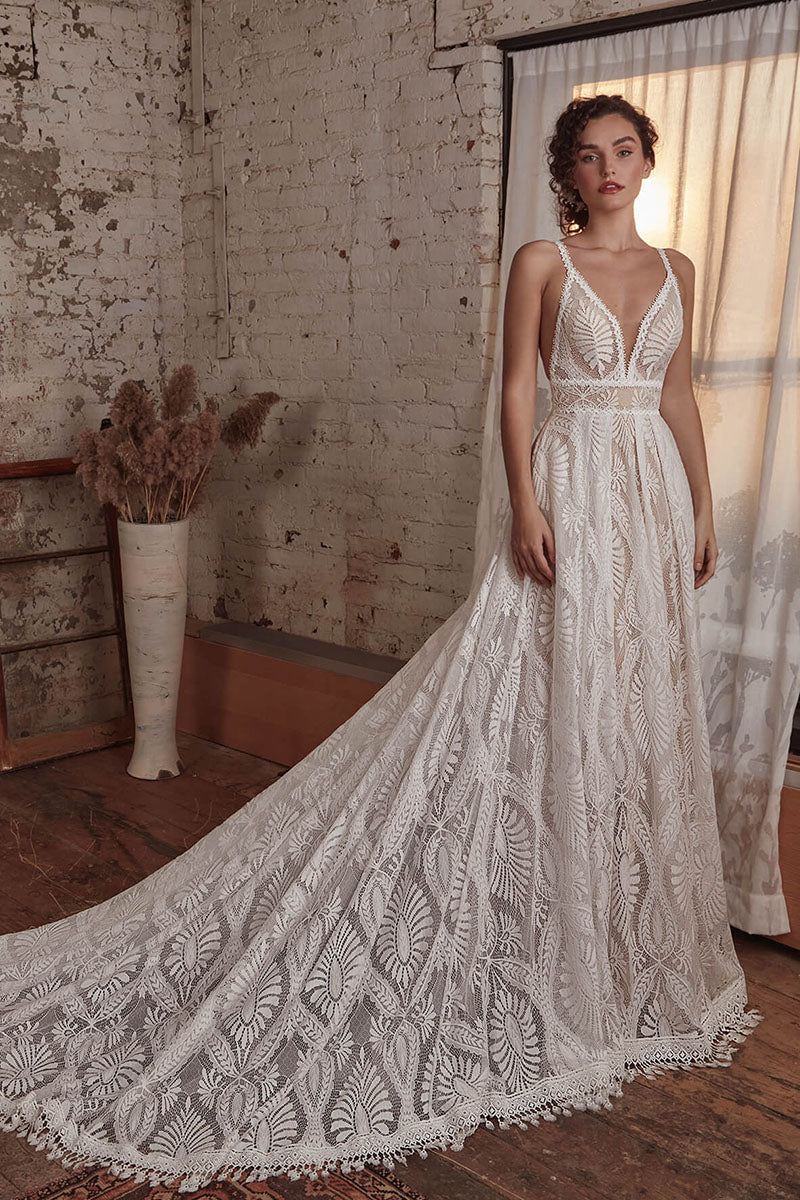 K1725 - Boho Two Piece Low V-Neck Sleeveless Sheer Lace A-Line Long Wedding Dress