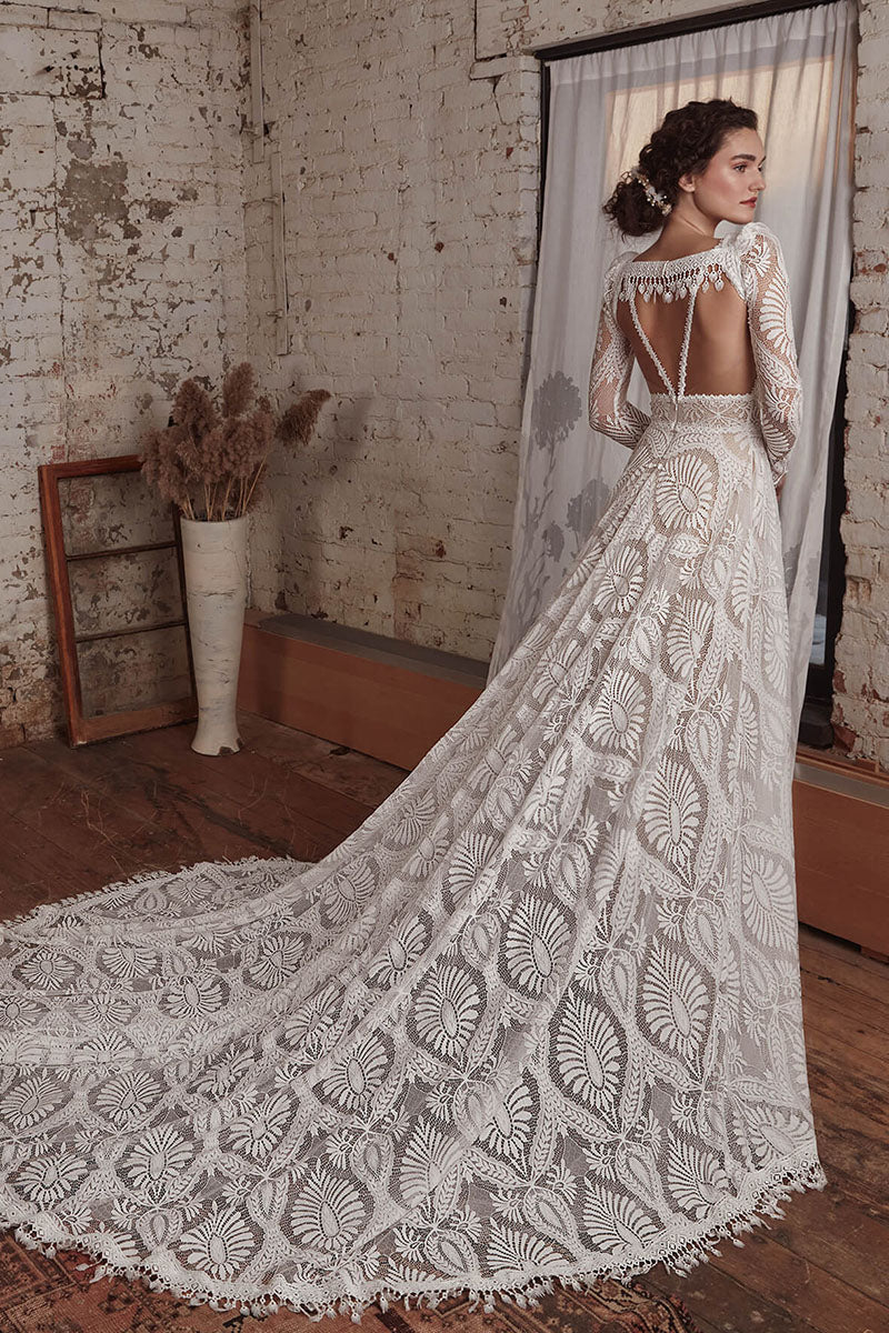 K1725 - Boho Two Piece Low V-Neck Sleeveless Sheer Lace A-Line Long Wedding Dress