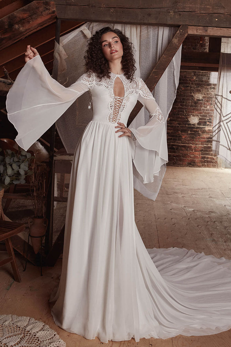 K1726 - Boho Scoop Cut Outs Long Sleeves Lace Tulle A-Line Long Wedding Dress