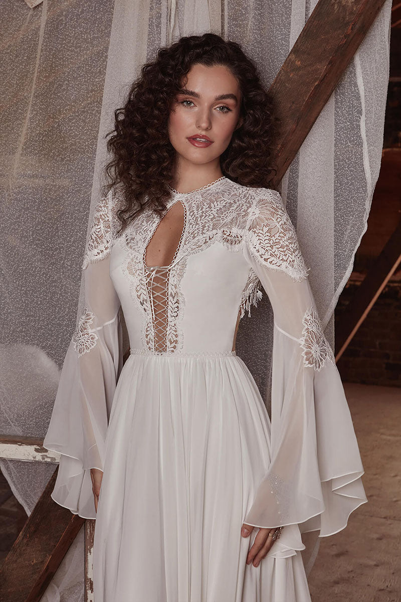 K1726 - Boho Scoop Cut Outs Long Sleeves Lace Tulle A-Line Long Wedding Dress