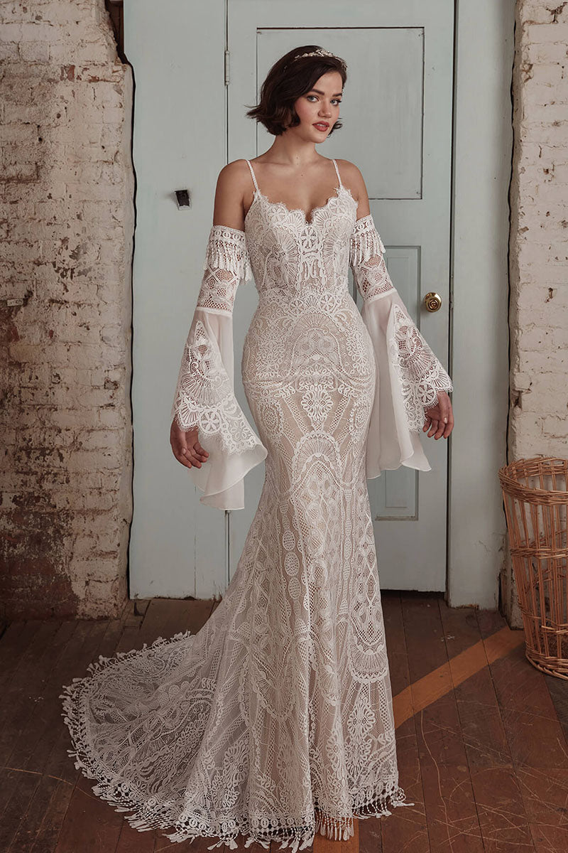 K1728 - Boho Sweetheart Spaghetti Straps Sheer Lace Mermaid Long Wedding Dress