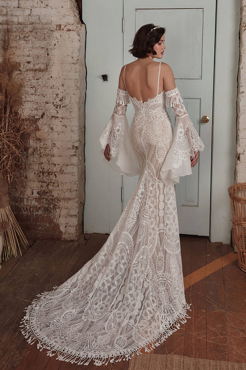 K1728 - Boho Sweetheart Spaghetti Straps Sheer Lace Mermaid Long Wedding Dress