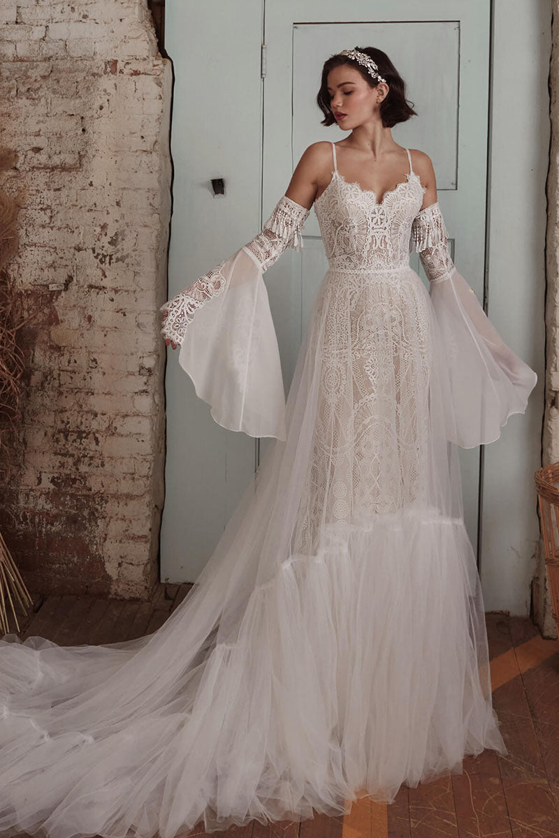 K1728 - Boho Sweetheart Spaghetti Straps Sheer Lace Mermaid Long Wedding Dress