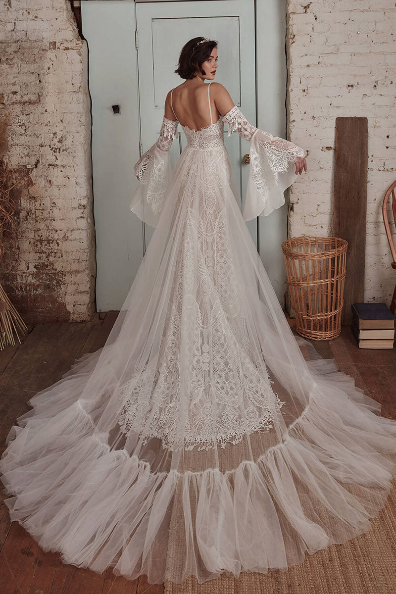 K1728 - Boho Sweetheart Spaghetti Straps Sheer Lace Mermaid Long Wedding Dress