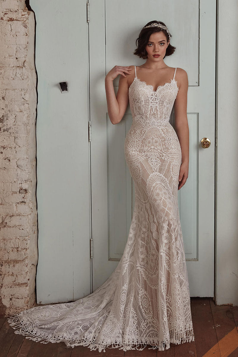 K1728 - Boho Sweetheart Spaghetti Straps Sheer Lace Mermaid Long Wedding Dress