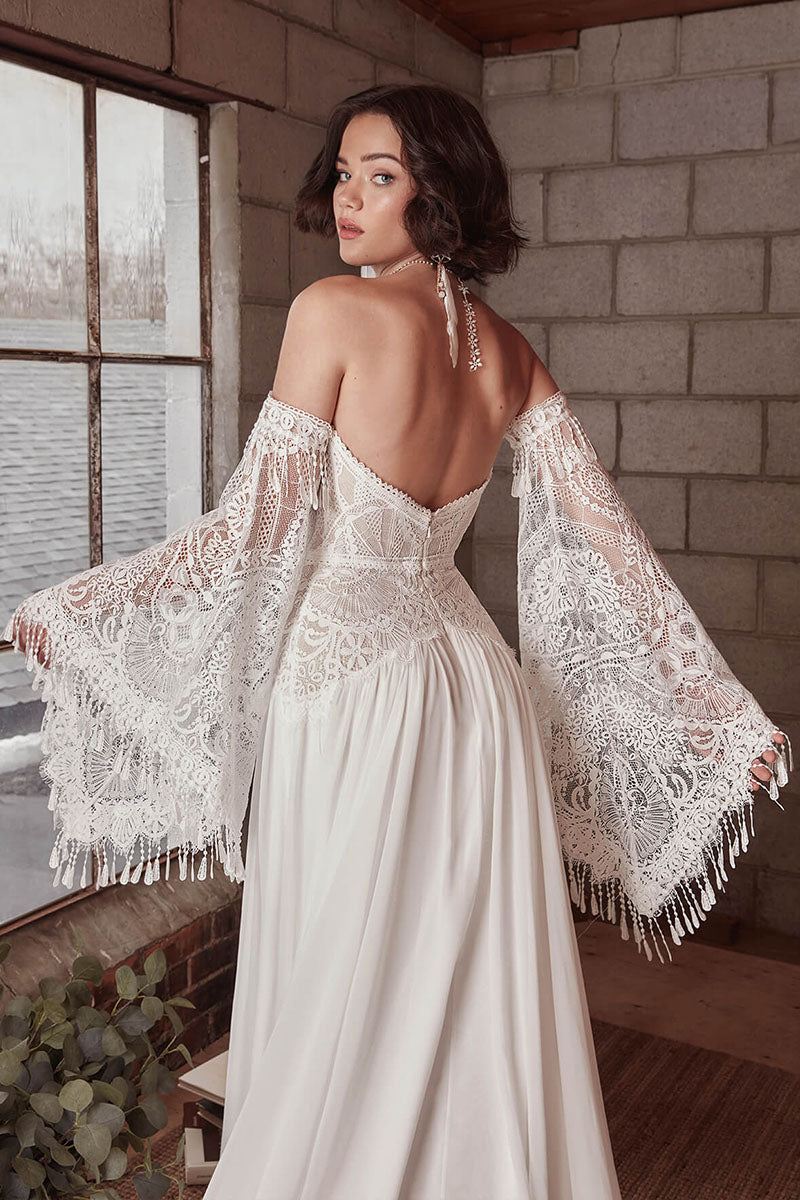 K1729 - Boho Sweetheart Strapless Lace Ruched Tulle A-Line Long Wedding Dress