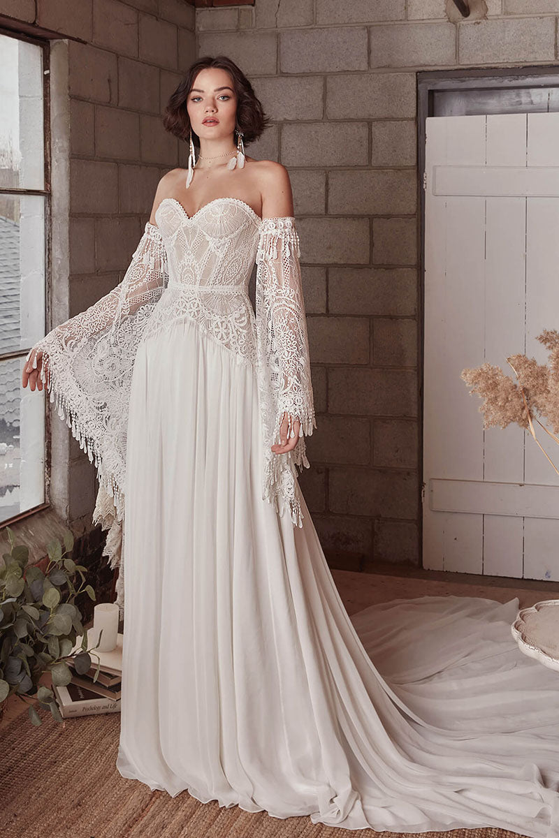 K1729 - Boho Sweetheart Strapless Lace Ruched Tulle A-Line Long Wedding Dress