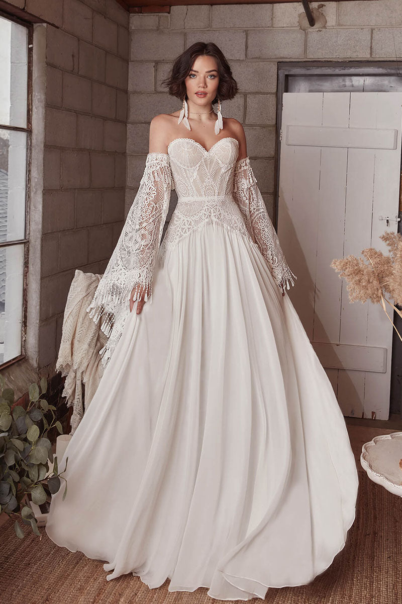 K1729 - Boho Sweetheart Strapless Lace Ruched Tulle A-Line Long Wedding Dress