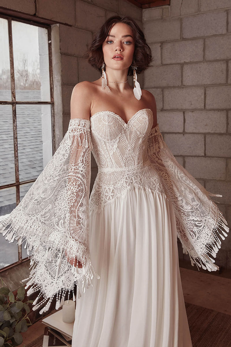 K1729 - Boho Sweetheart Strapless Lace Ruched Tulle A-Line Long Wedding Dress