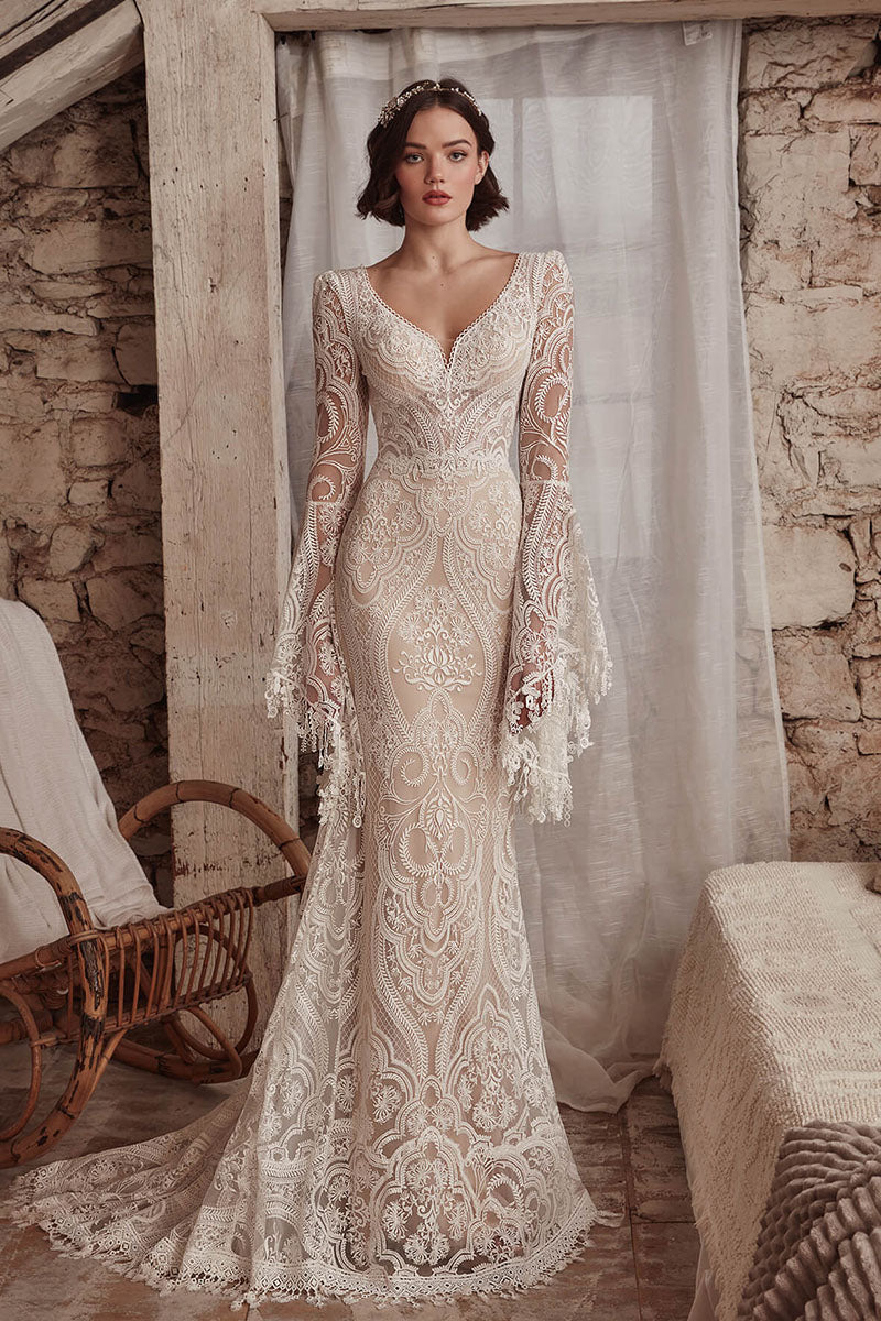 K1730 - Boho V-Neck Backless Long Sleeves Sheer Lace Mermaid Long Wedding Dress