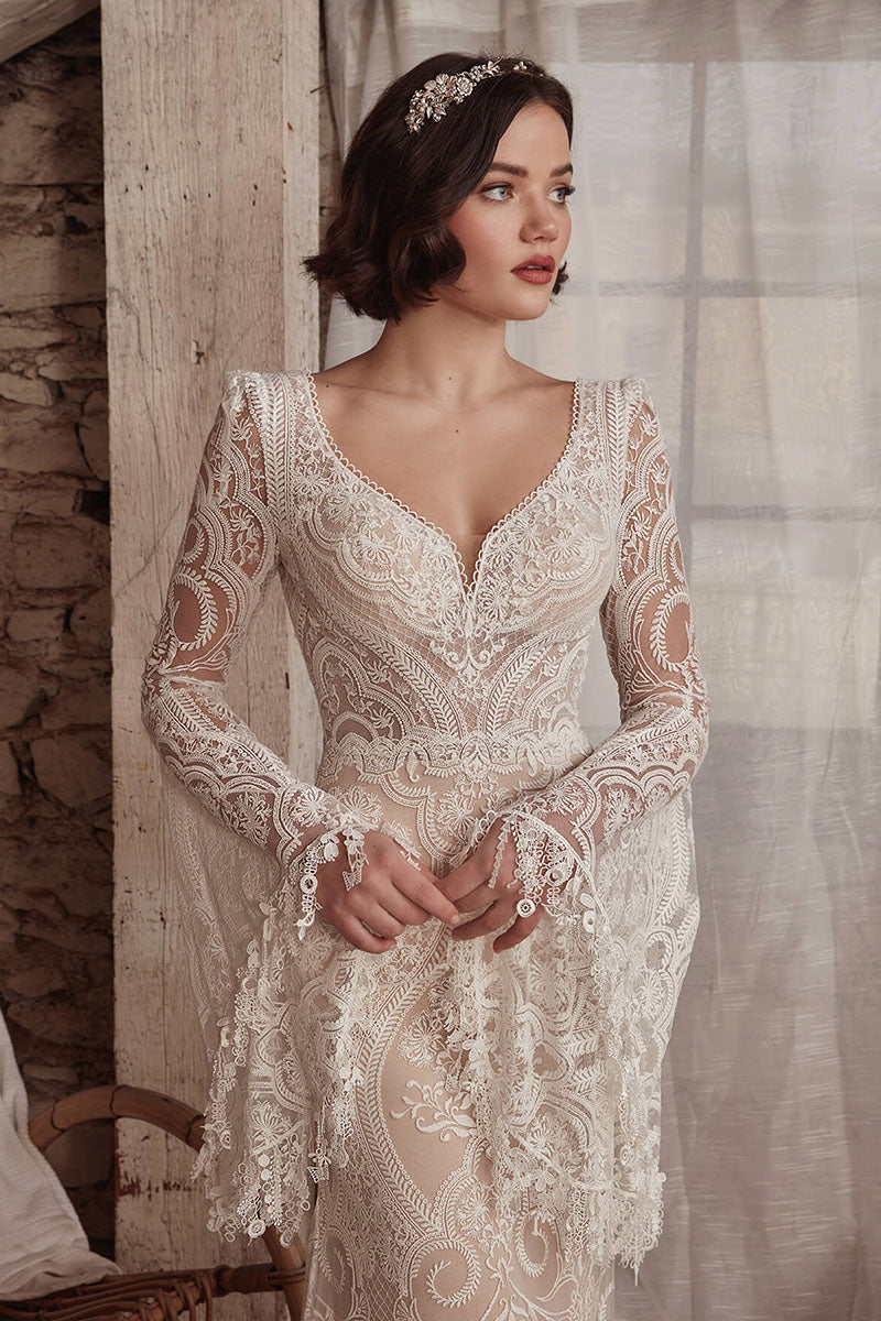 K1730 - Boho V-Neck Backless Long Sleeves Sheer Lace Mermaid Long Wedding Dress