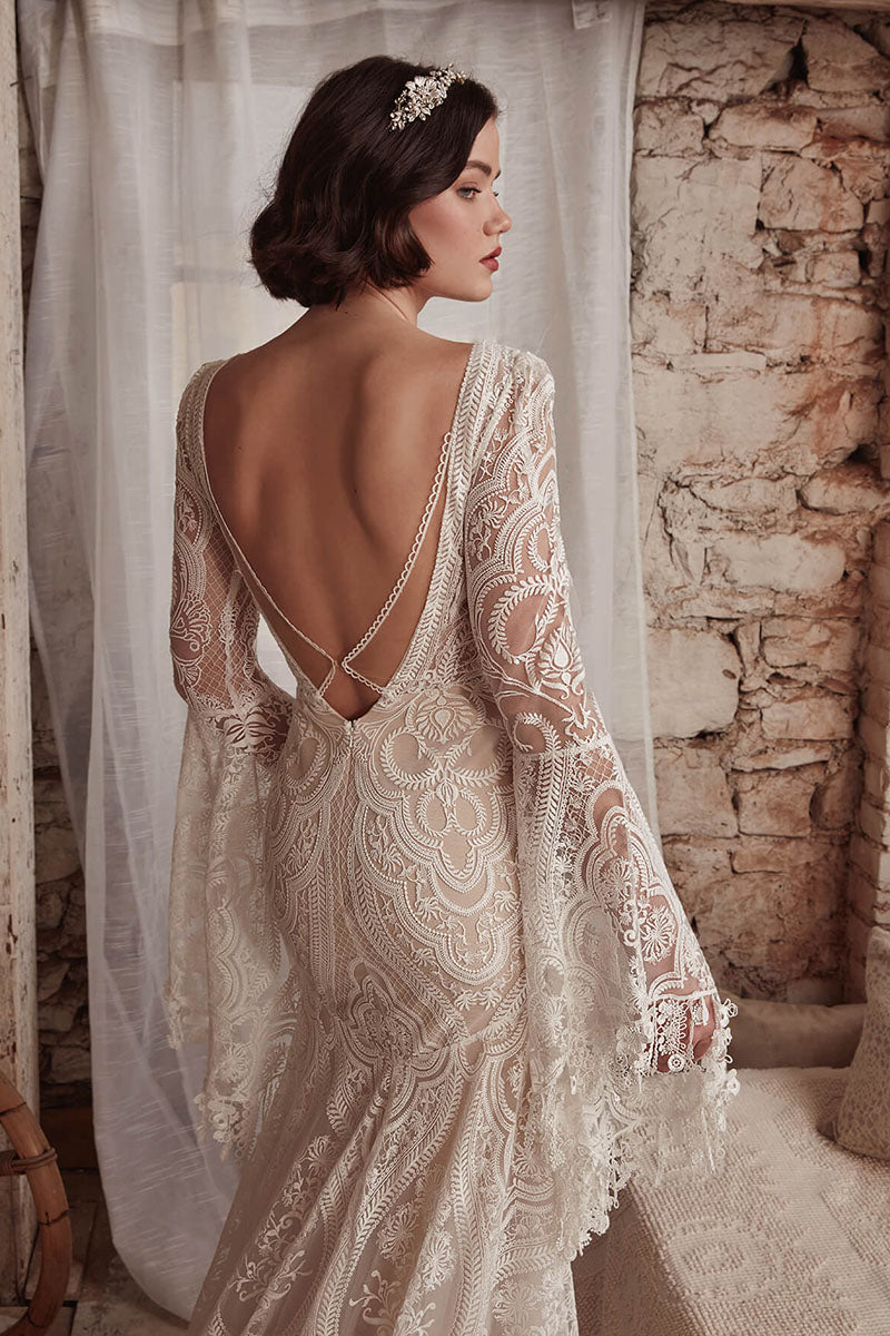 K1730 - Boho V-Neck Backless Long Sleeves Sheer Lace Mermaid Long Wedding Dress