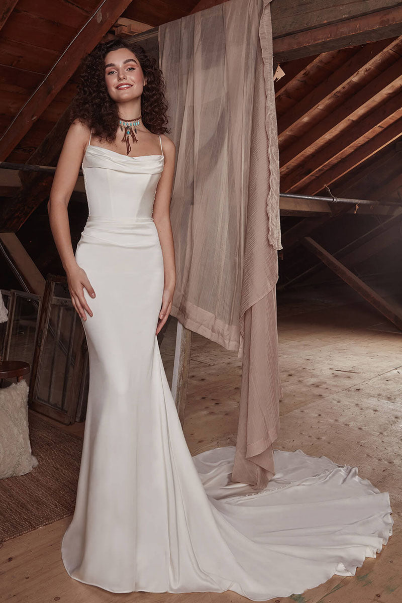 K1731 - Boho Spaghetti Straps Sheer Lace Ruched Satin Mermaid Long Wedding Dress