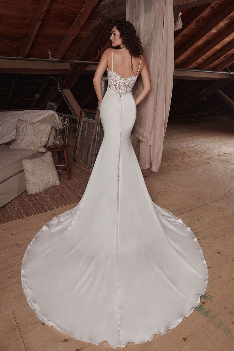 K1731 - Boho Spaghetti Straps Sheer Lace Ruched Satin Mermaid Long Wedding Dress