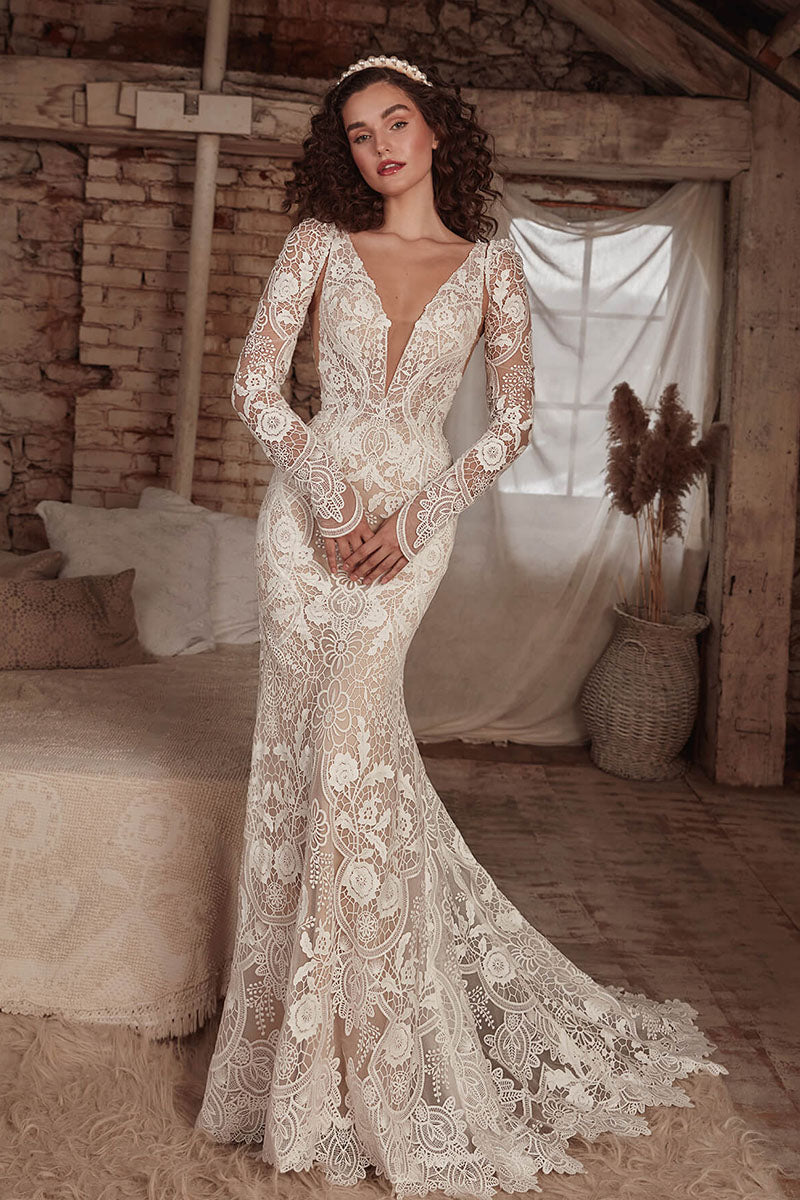 K1732 - Boho Low V-Neck Long Sleeves Sheer Lace Mermaid Long Wedding Dress