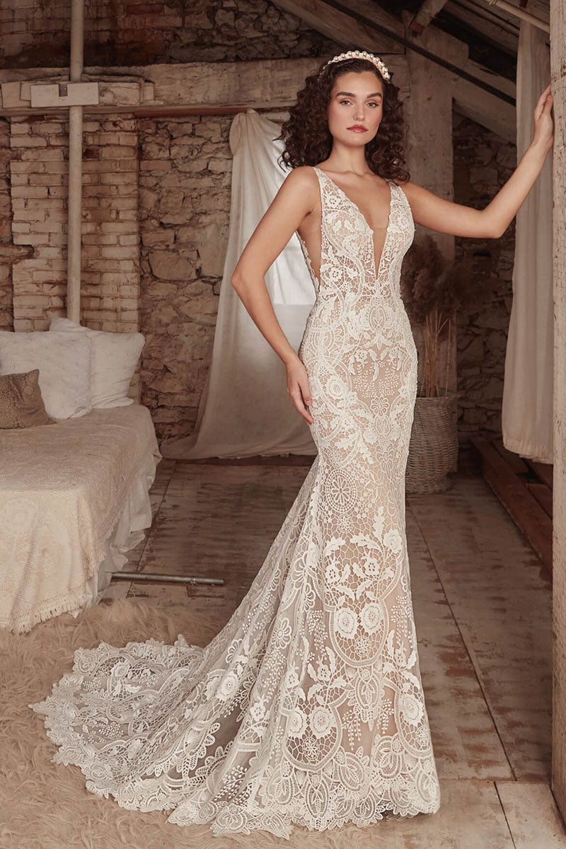 K1732 - Boho Low V-Neck Long Sleeves Sheer Lace Mermaid Long Wedding Dress