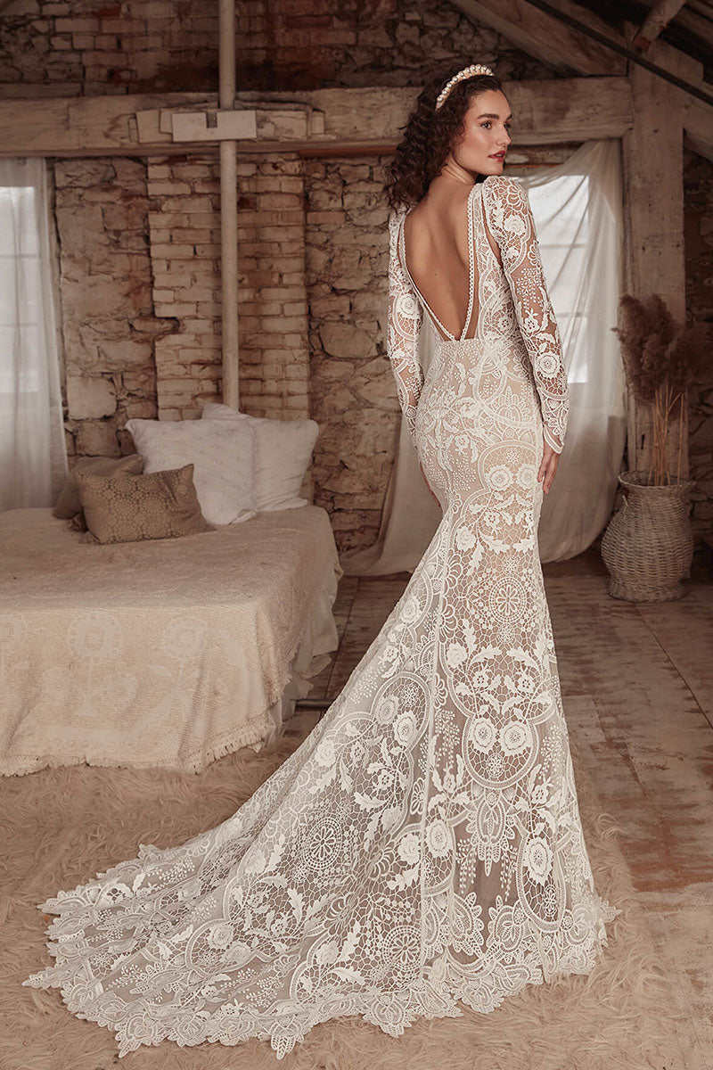 K1732 - Boho Low V-Neck Long Sleeves Sheer Lace Mermaid Long Wedding Dress