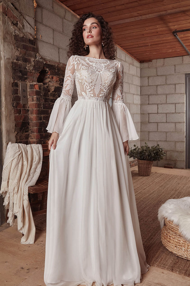 K1733 - Boho Scoop Long Sleeves Sheer Lace Tulle A-Line Long Wedding Dress