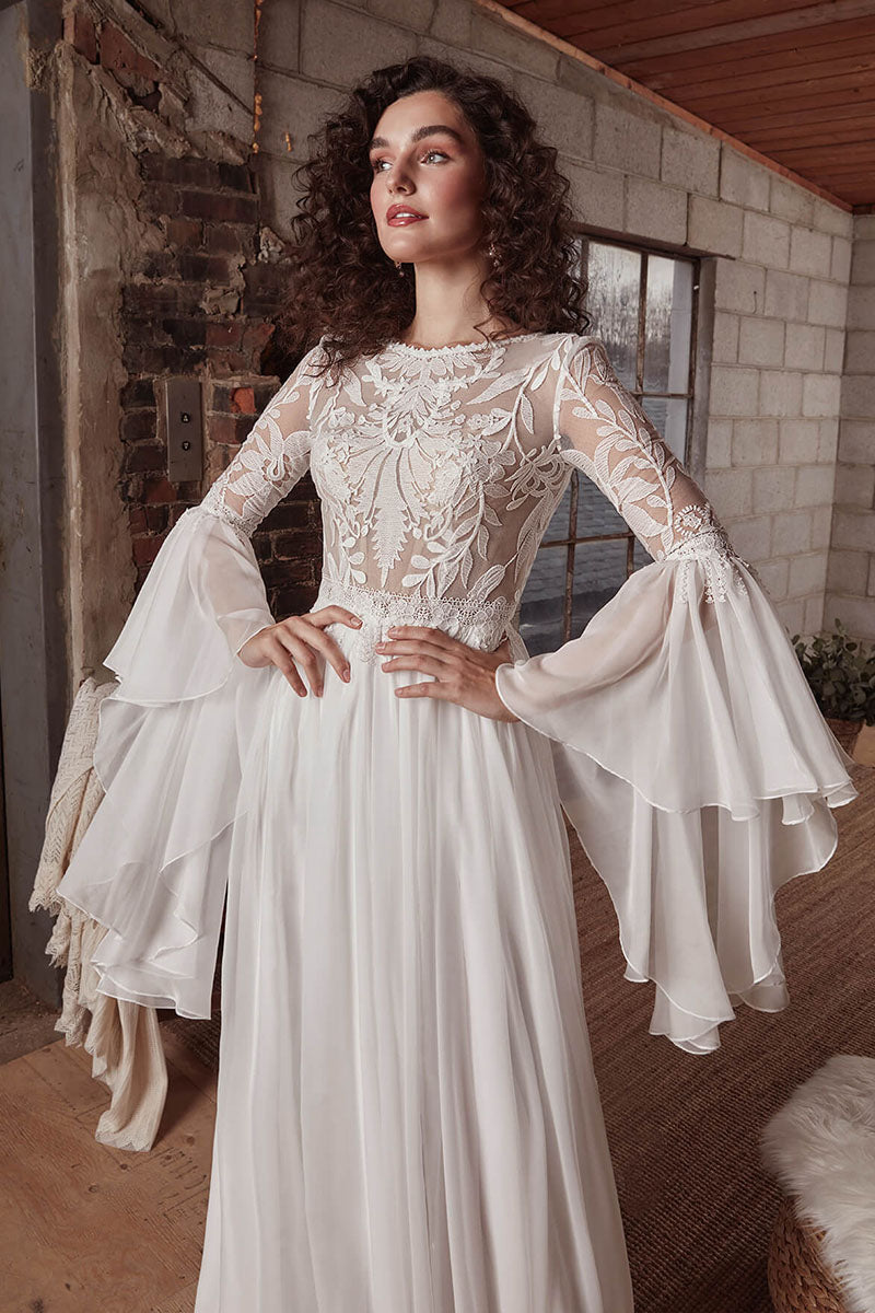 K1733 - Boho Scoop Long Sleeves Sheer Lace Tulle A-Line Long Wedding Dress