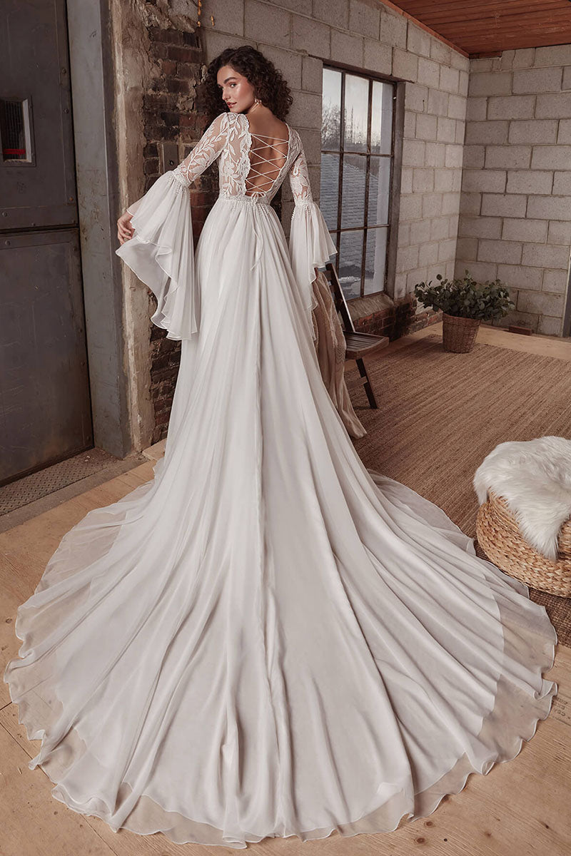 K1733 - Boho Scoop Long Sleeves Sheer Lace Tulle A-Line Long Wedding Dress