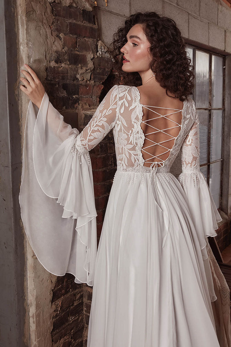 K1733 - Boho Scoop Long Sleeves Sheer Lace Tulle A-Line Long Wedding Dress