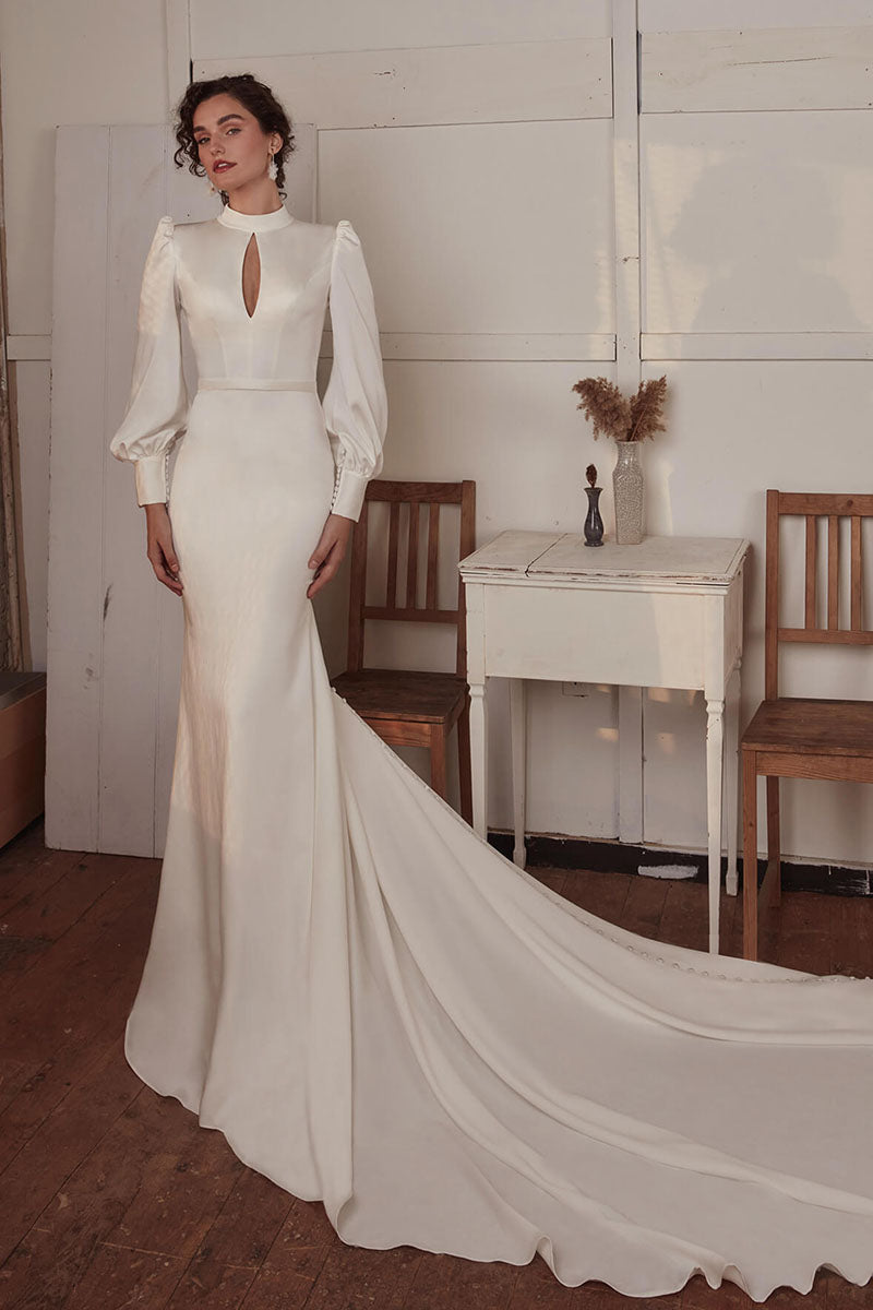 K1734 - High Neck Long Sleeves Cut Outs Satin Mermaid Long Wedding Dress